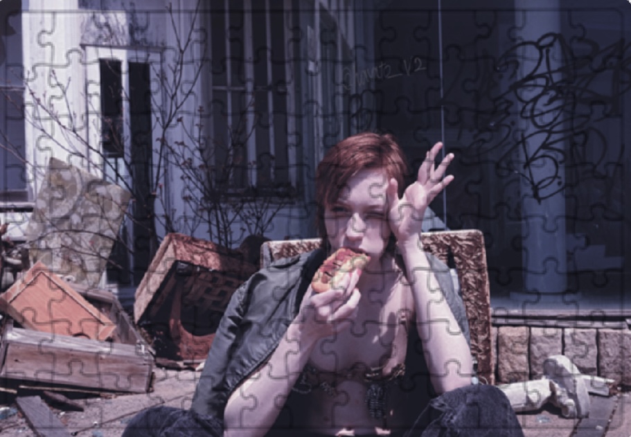 Artistic puzzle portrait with urban graffiti background